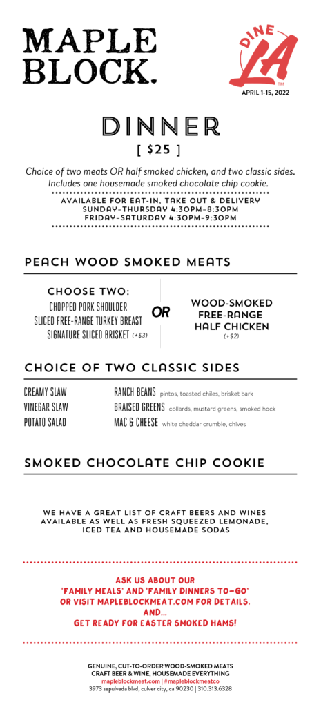 Maple Block dineLA Dinner Menu (April 1-15)