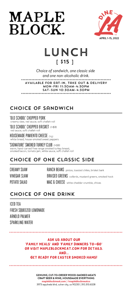 Maple Block dineLA Lunch Menu (April 1-15)